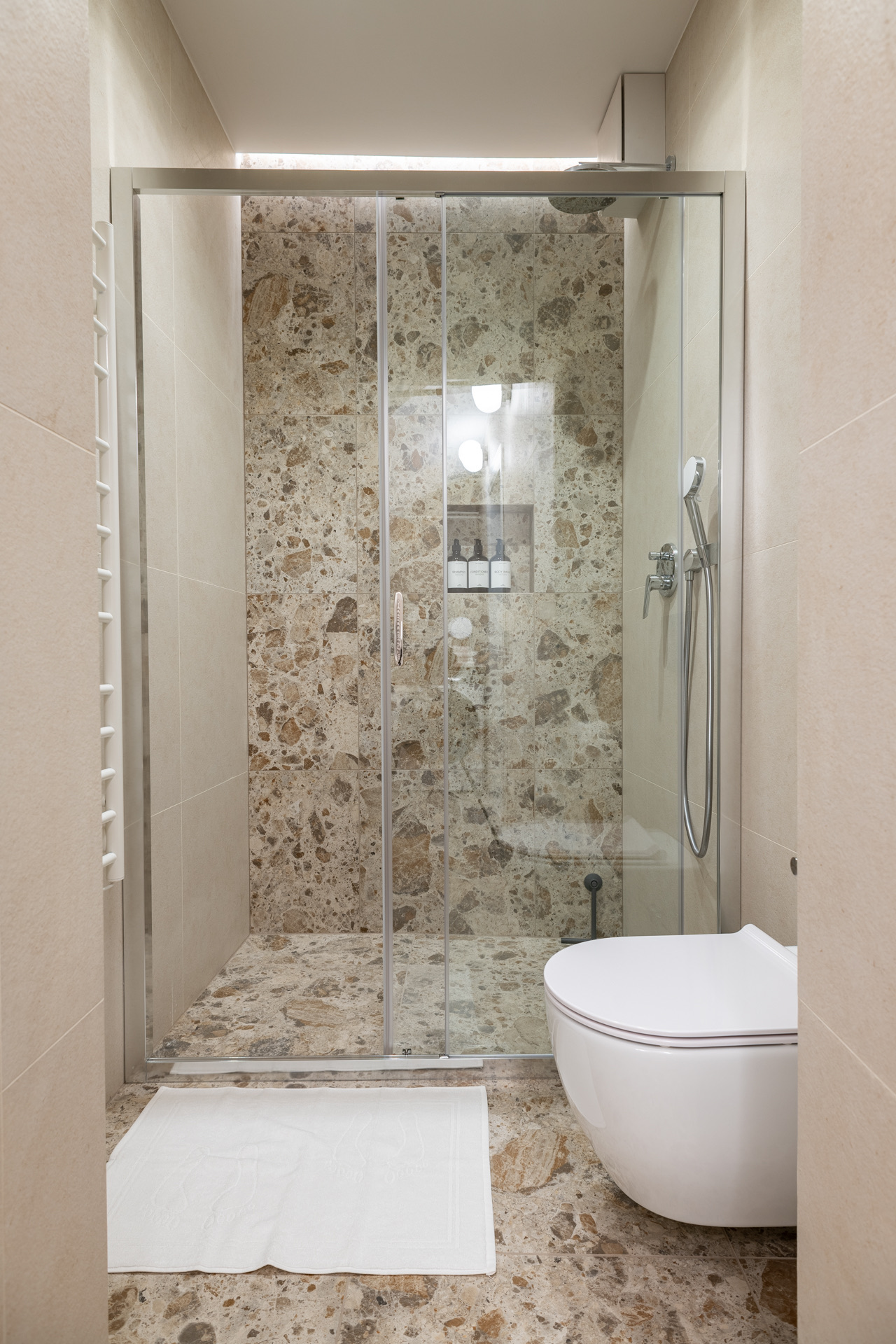 Walk-in shower in The Ground Floor apartment bathroom